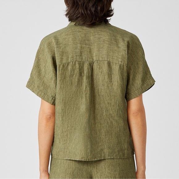 Eileen Fisher Washed Organic Linen Delave Short-Sleeve Shirt Green Sz Medium - Picture 3 of 7